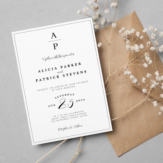 Formal elegante Schwarzweiß-Monogramm-Hochzeit Einladung