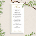 Formal elegante Script Black and Gold Hochzeit Menükarte<br><div class="desc">Das Formal Elegant Script Black and Gold Wedding Menü, eine raffinierte Ergänzung zu Ihrem Hochzeitsempfang. Dieses Menü bietet einen knalligen, weißen Hintergrund mit raffiniertem schwarzem Text und luxuriösen goldenen Schriftzeichen-Akzenten und schafft eine zeitlose und elegante Präsentation Ihrer Speisen. Ideal für feierliche Hochzeiten, fügt es eine Touch von Glamour und Stil...</div>