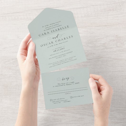 Formal elegante Weise Grün klassische Hochzeit All In One Einladung (Abreißen)