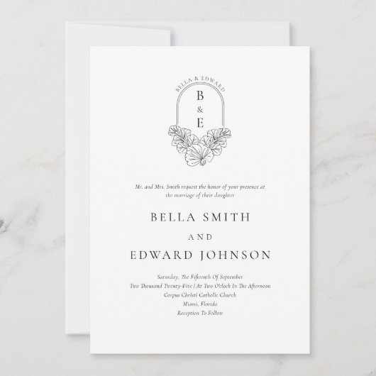 Formal Elegantes Schwarz-weißes Wappen Hochzeit Einladung (Vorderseite)