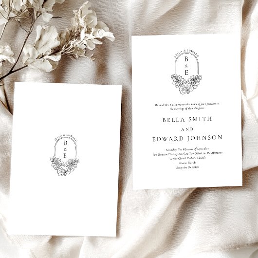 Formal Elegantes Schwarz-weißes Wappen Hochzeit Einladung