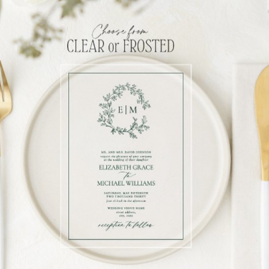 Formal Emerald Green Leafy Wappen Monogram Wedding Acryleinladungen