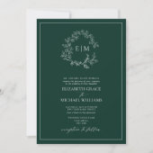 Formal Emerald Green Leafy Wappen Monogram Wedding Einladung (Vorderseite)