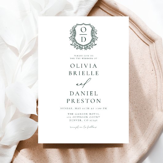 Formal Emerald Green Leafy Wappen Monogram Wedding Einladung