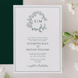 Formal Emerald Green Leafy Wappen Monogram Wedding Einladung