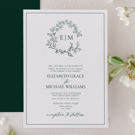 Formal Emerald Green Leafy Wappen Monogram Wedding Einladung