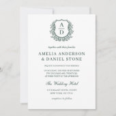 Formal Emerald Green Leafy Wappen Monogram Wedding Einladung (Vorderseite)