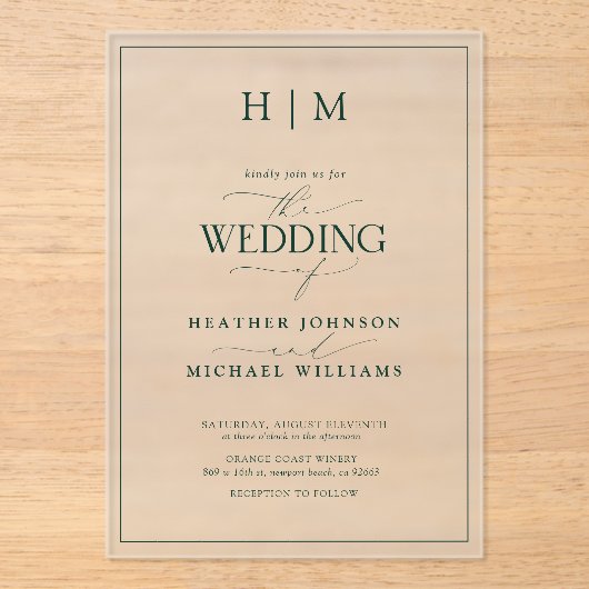 Formal Emerald Green Monogram Calligrafy Wedding Acryleinladungen (Vorderseite)