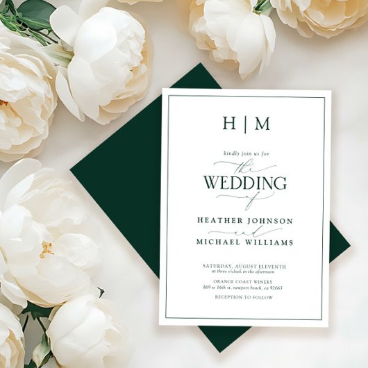 Formal Emerald Green Monogram Calligrafy Wedding Einladung