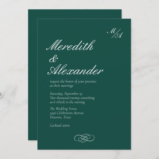 Formal Emerald Green Wedding Einladung (Vorne/Hinten)