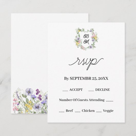Formal Floral Monogram Crest Wedding RSVP Karte (Vorne/Hinten)