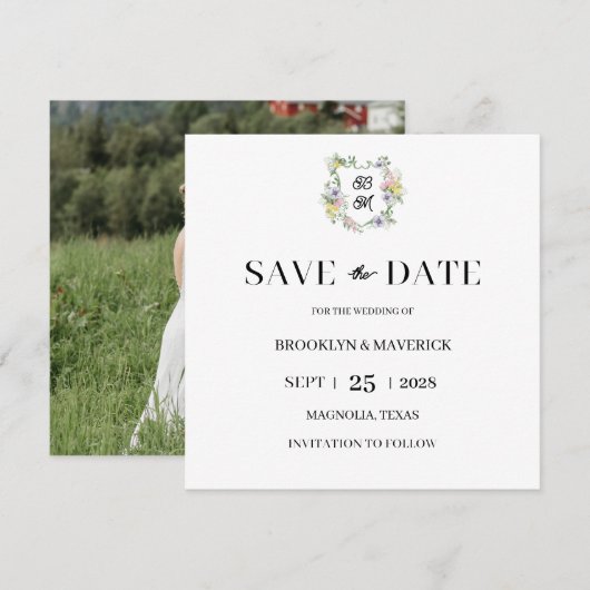 Formal Floral Monogram Crest Wedding Save The Date (Vorne/Hinten)