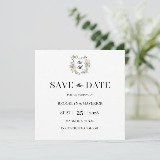 Formal Floral Monogram Crest Wedding Save The Date (Stehend Vorderseite)