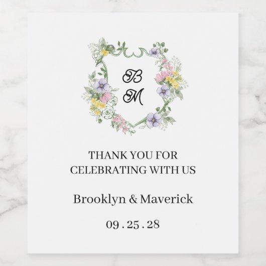Formal Floral Monogram Crest Wedding Weinetikett (Einzelnes Label)