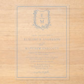 Formal Floral Monogram Wappen Dusty Blue Wedding Acryleinladungen (Vorderseite)