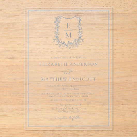 Formal Floral Monogram Wappen Dusty Blue Wedding Acryleinladungen (Vorderseite)