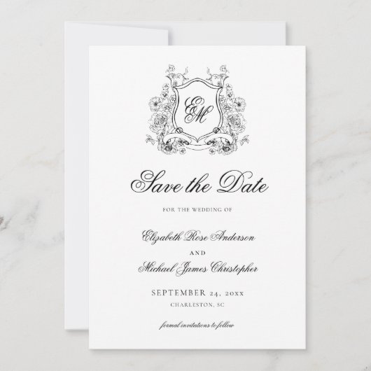 Formal floral Wappen Monogram Elegant Wedding Save The Date (Vorderseite)