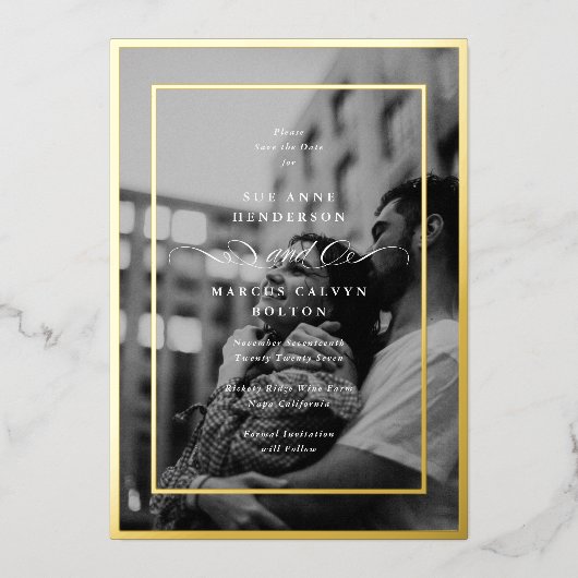 Formal Foto Gold Frame Hochzeit speichern das Datu Folieneinladung (Vorderseite)