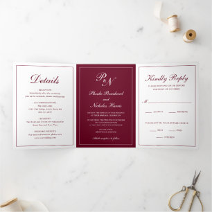 Formal Foto Monogram Elegant Burgundy Wedding Dreifach Gefaltete Einladung