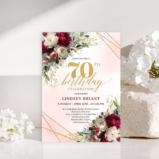 Formal Gold Floral Seventieth Birthday Invitation Einladung