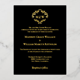 Formal Gold Foil Black Monogram Wreath Wedding Folie Einladungspostkarte