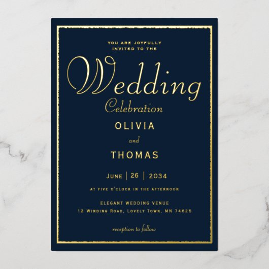 Formal Gold Frame Calligraphy Navy Wedding Folieneinladung (Vorderseite)