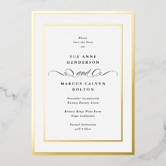 Formal Gold Frame Hochzeit speichern das Datum Folieneinladung (Vorderseite)