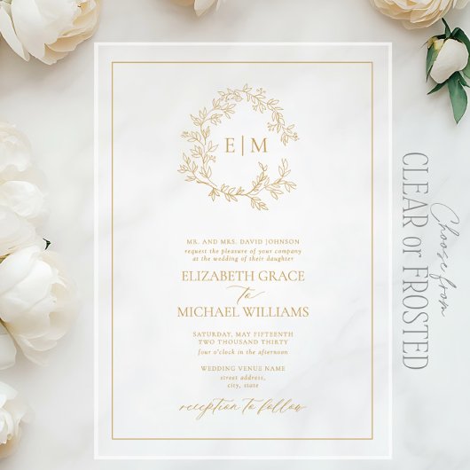 Formal Gold Leafy Wappen Monogram Wedding Acryleinladungen