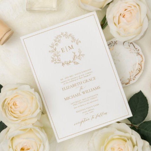 Formal Gold Leafy Wappen Monogram Wedding Einladung