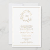 Formal Gold Leafy Wappen Monogram Wedding Einladung (Vorderseite)