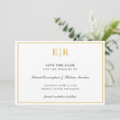 Formal Gold Monogram Simple Elegante Wedding Save The Date (Stehend Vorderseite)