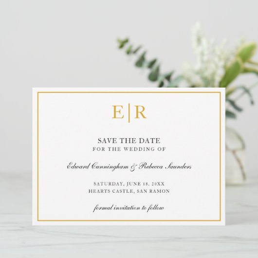 Formal Gold Monogram Simple Elegante Wedding Save The Date (Stehend Vorderseite)