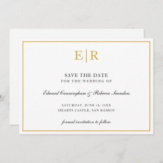 Formal Gold Monogram Simple Elegante Wedding Save The Date (Vorne/Hinten)