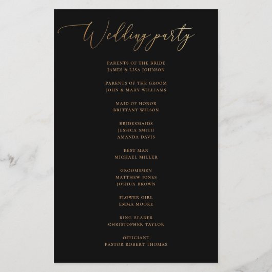 Formal Gold Script & Black Wedding Programm (Rückseite)