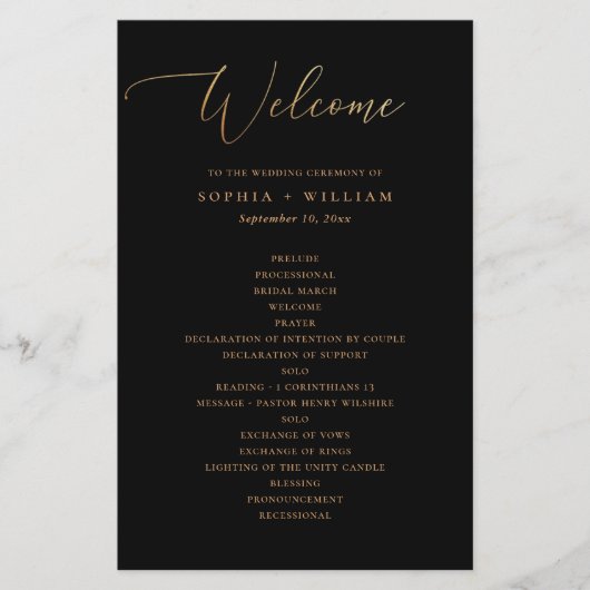 Formal Gold Script & Black Wedding Programm (Vorderseite)