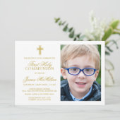 Formal Gold White First Community Foto Boy Einladung (Stehend Vorderseite)