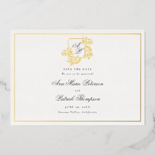 Formal Gold Wild Rose Wappen Hochzeit speichern da Folieneinladung (Vorderseite)