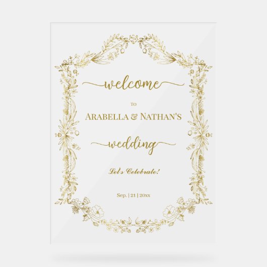 Formal Golden Floral Mattierter Empfang Acrylschild (Vorderseite)