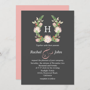 Formal Gray Australian Floral Monogram Wedding Einladung
