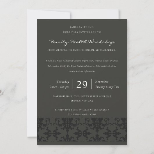 FORMAL-GRAY-DAMASK-CLASSIC-WORKSHOP-EREIGNIS EINLADUNG (Vorderseite)