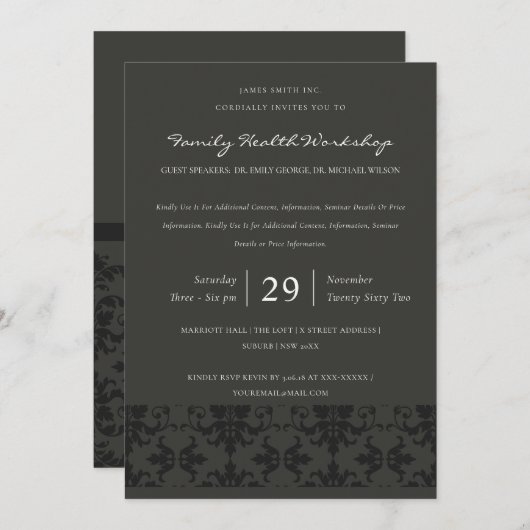 FORMAL-GRAY-DAMASK-CLASSIC-WORKSHOP-EREIGNIS EINLADUNG (Vorne/Hinten)