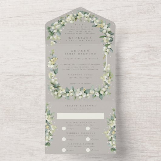 Formal Greige Snowberry+Eucalyptus Wedding All In One Einladung (Innen)