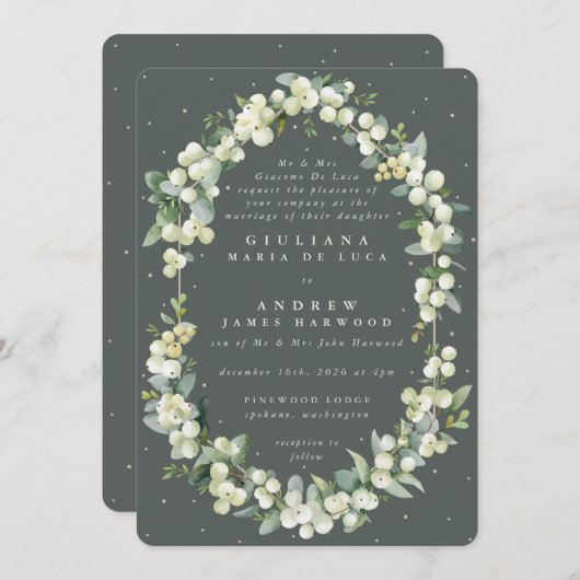 Formal Grey Green Snowberry+Eucalyptus Wedding Einladung (Vorne/Hinten)