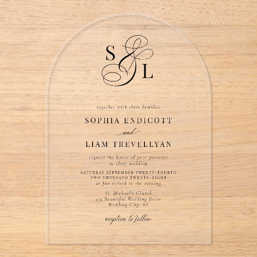 Formal Hochzeitsbogen für elegantes Script Acryleinladungen (Vorderseite)