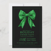 Formal Holiday Dinner Party Green Satin Bow Black Einladung (Vorderseite)