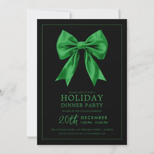 Formal Holiday Dinner Party Green Satin Bow Black Einladung (Vorderseite)