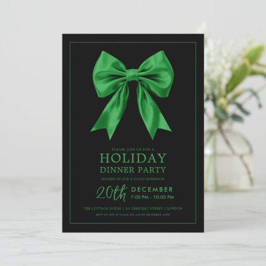 Formal Holiday Dinner Party Green Satin Bow Black Einladung (Stehend Vorderseite)