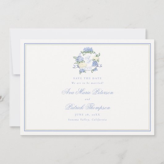 Formal Hydrangeas Wappen Blue Ivory Frame Wedding Save The Date (Vorderseite)