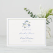 Formal Hydrangeas Wappen Blue Ivory Frame Wedding Save The Date (Stehend Vorderseite)