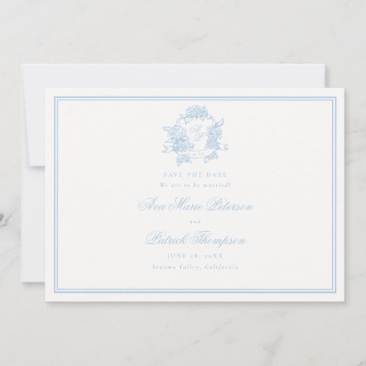 Formal Hydrangeas Wappen Classic Blue Frame Weddin Save The Date (Vorderseite)